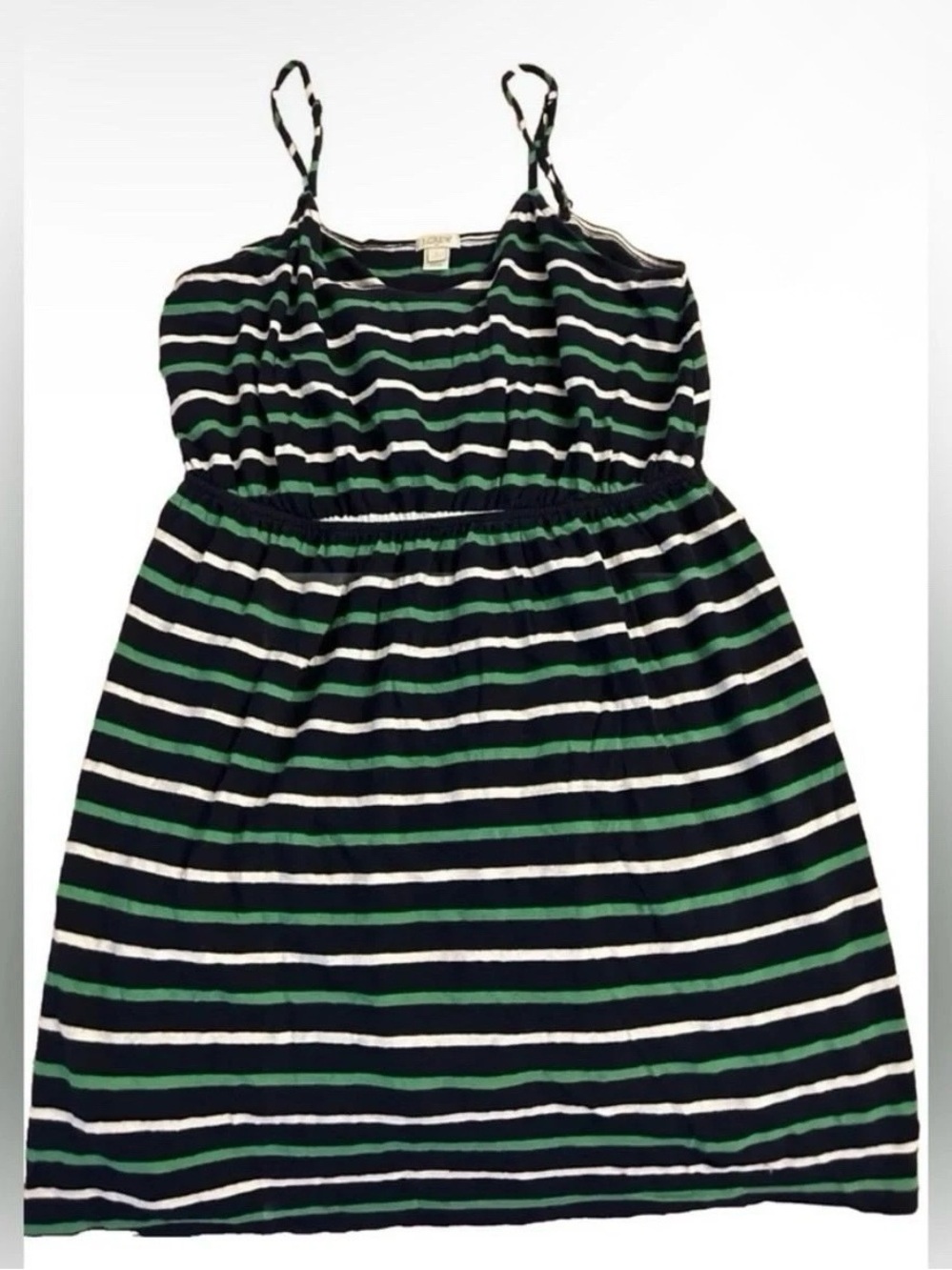 J Crew Women's Navy Green White Striped Dress Size Large Linen Blend Summer